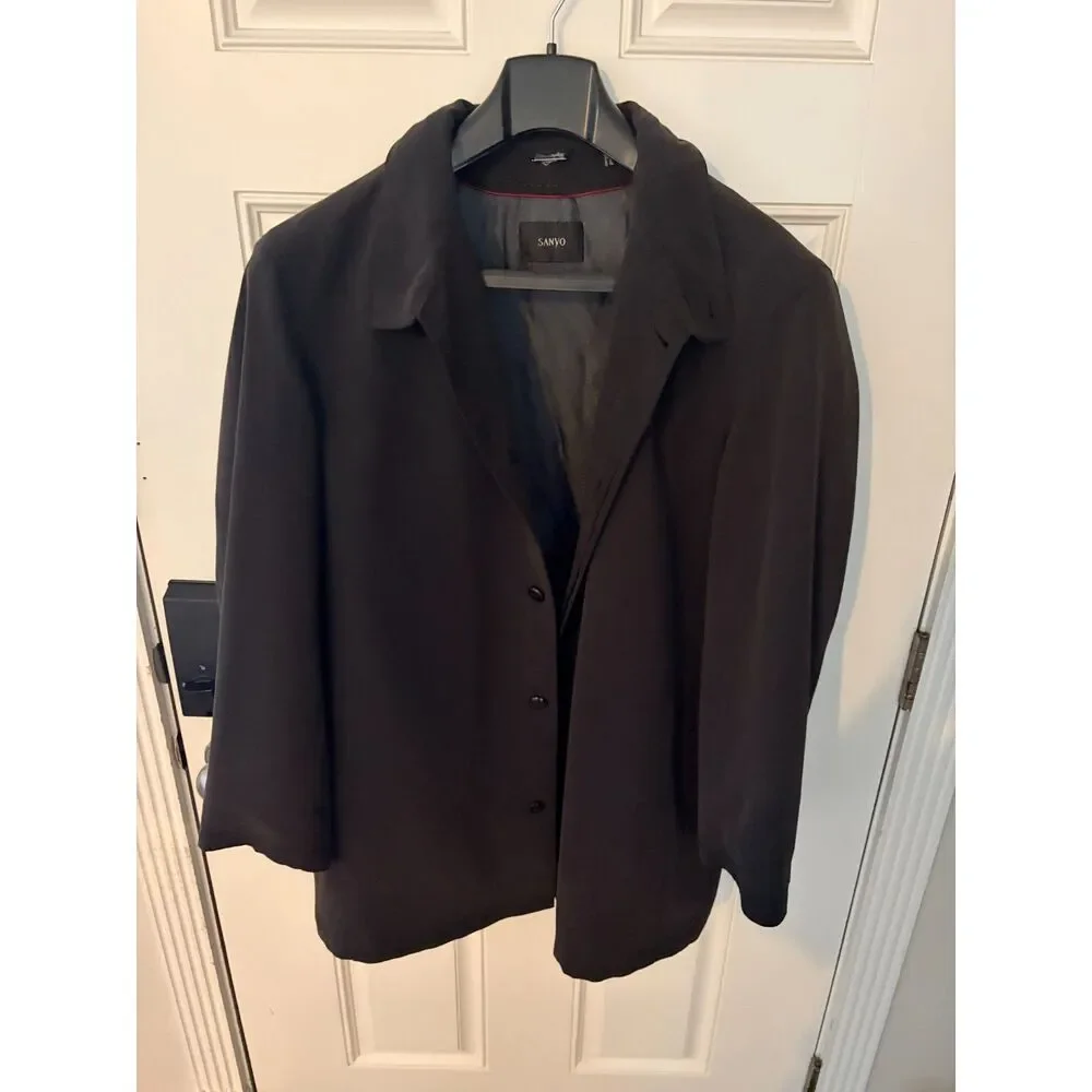 Sanyo Mens Black Trench Overcoat New York Tokyo Coat Size Large